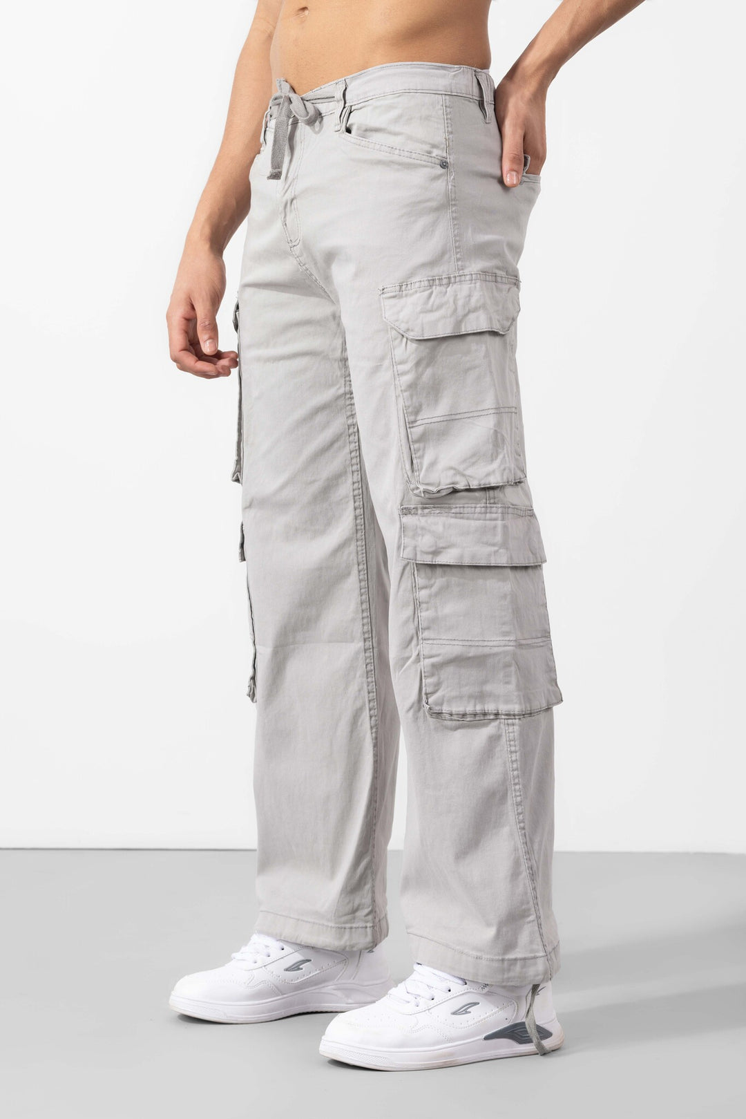Light Grey Button Closure Multi Pocket Cargo Pants