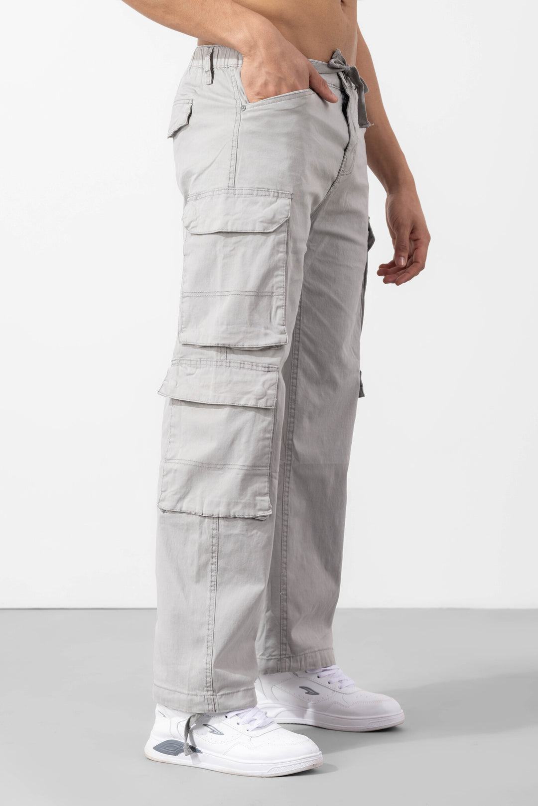 Light Grey Button Closure Multi Pocket Cargo Pants