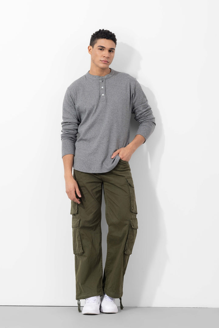 Olive Button Closure Multi Pocket Cargo Pants