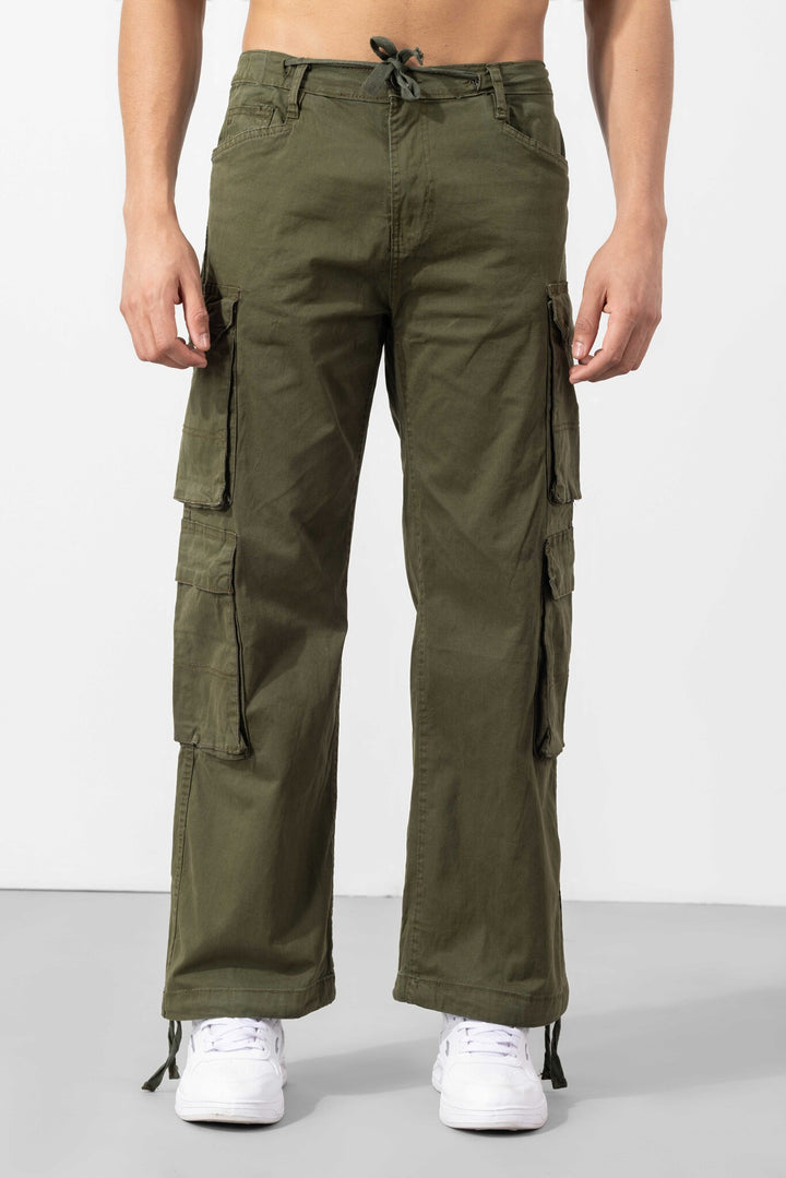 Olive Button Closure Multi Pocket Cargo Pants
