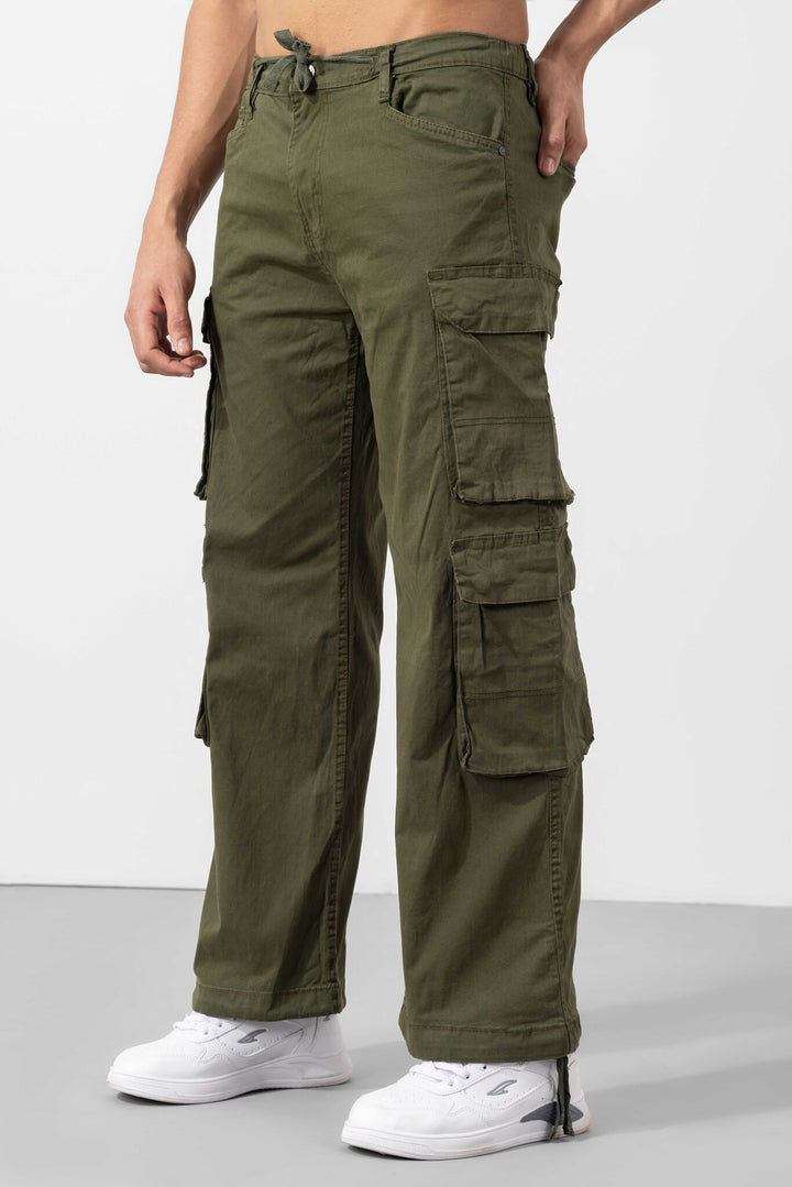 Olive Button Closure Multi Pocket Cargo Pants