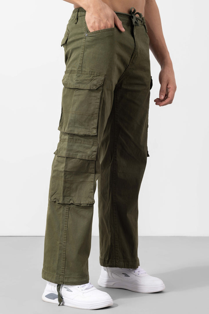 Olive Button Closure Multi Pocket Cargo Pants