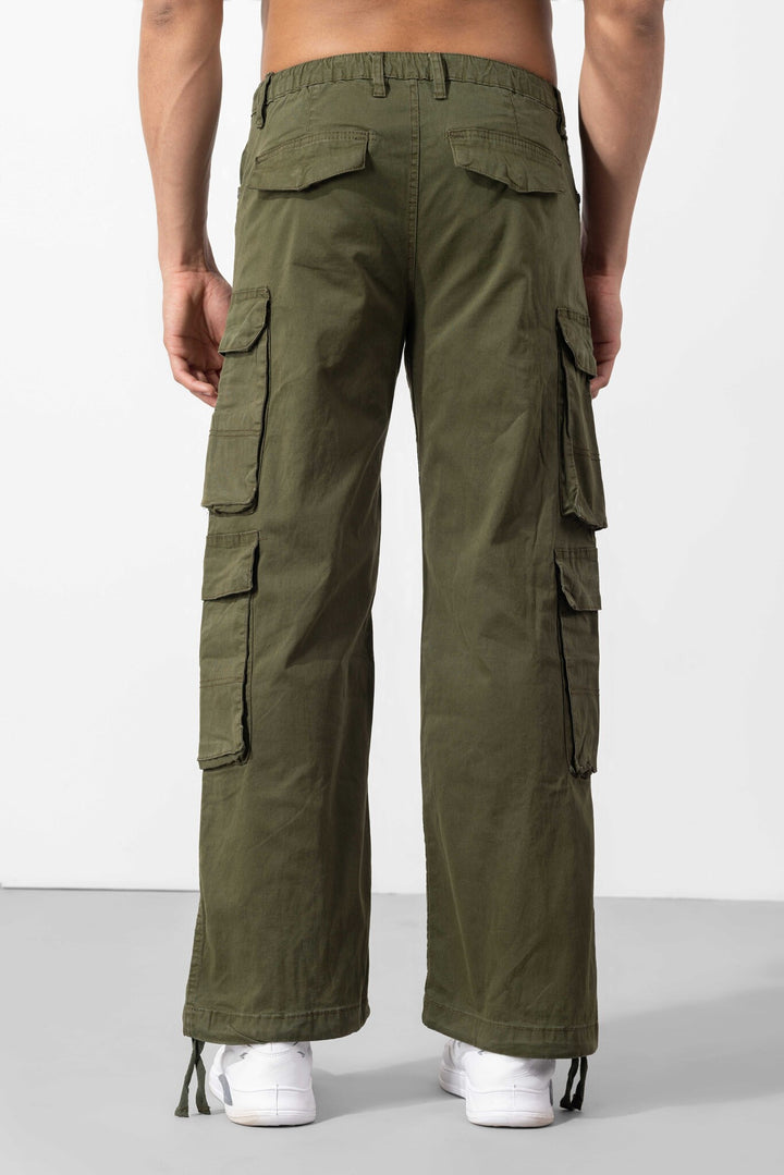 Olive Button Closure Multi Pocket Cargo Pants
