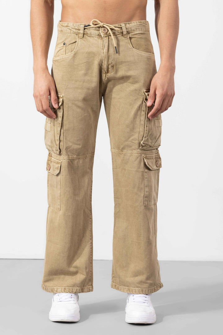 Beige Drawstring Closure Multi Pocket Cargo Pants
