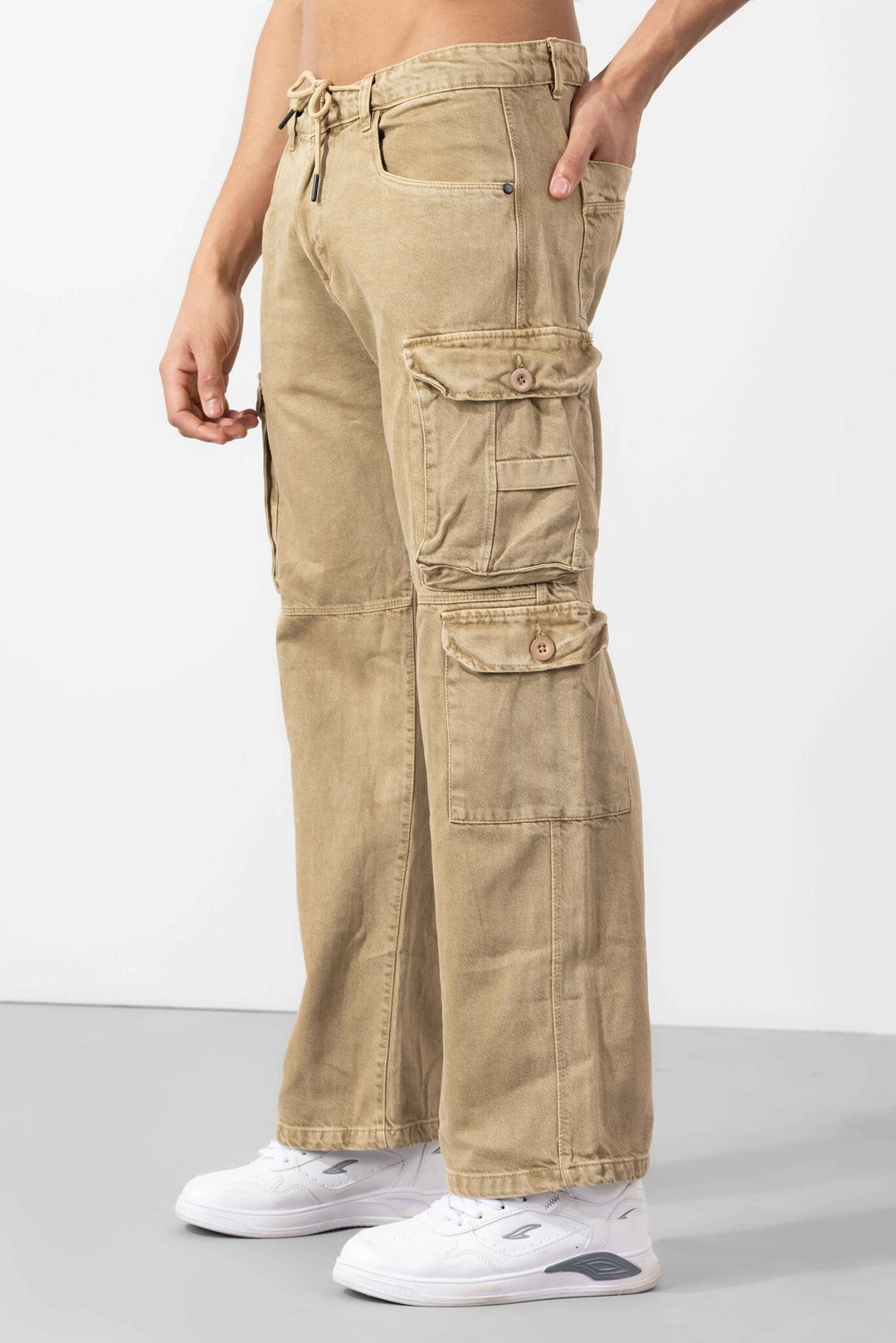 Beige Drawstring Closure Multi Pocket Cargo Pants