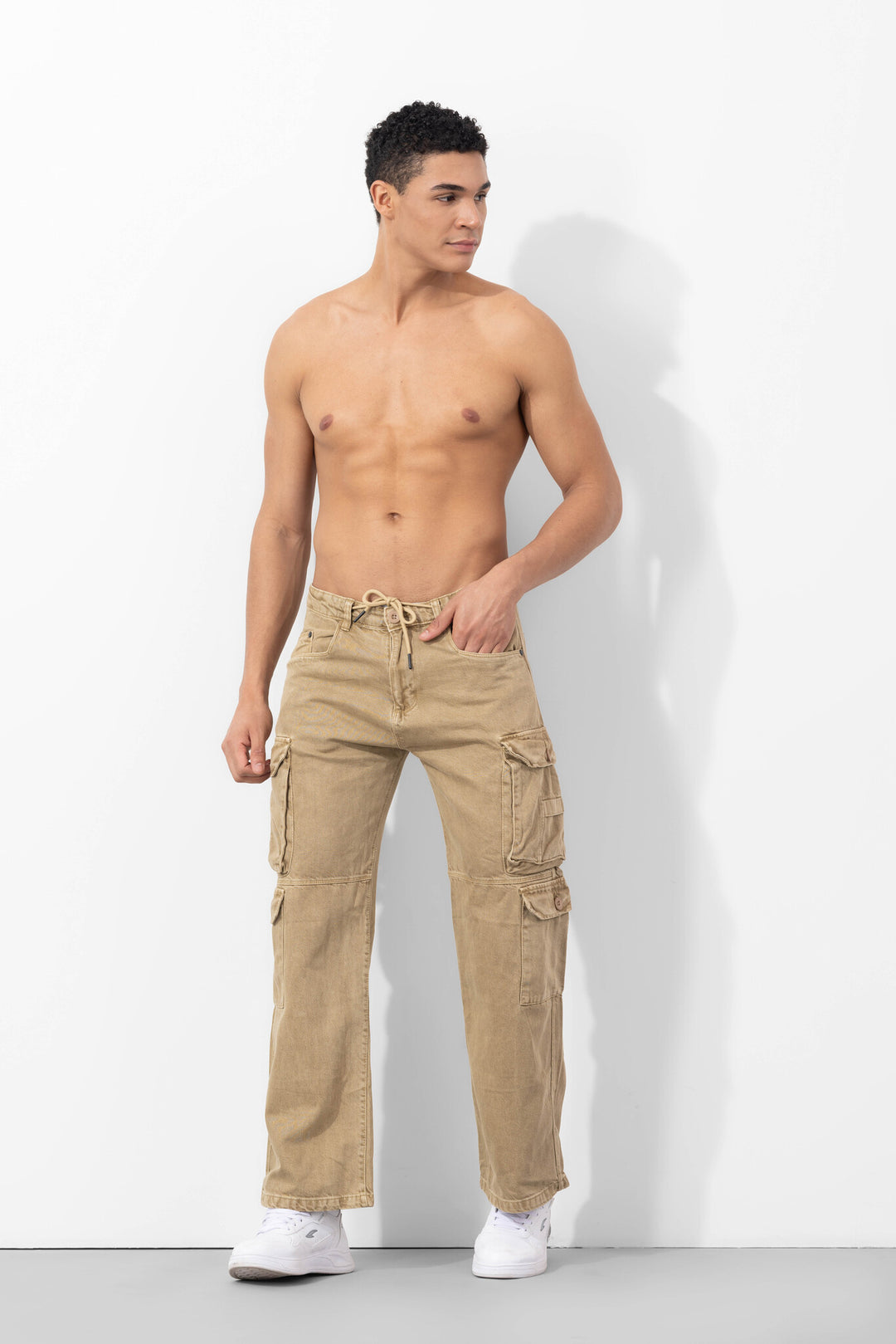 Beige Drawstring Closure Multi Pocket Cargo Pants