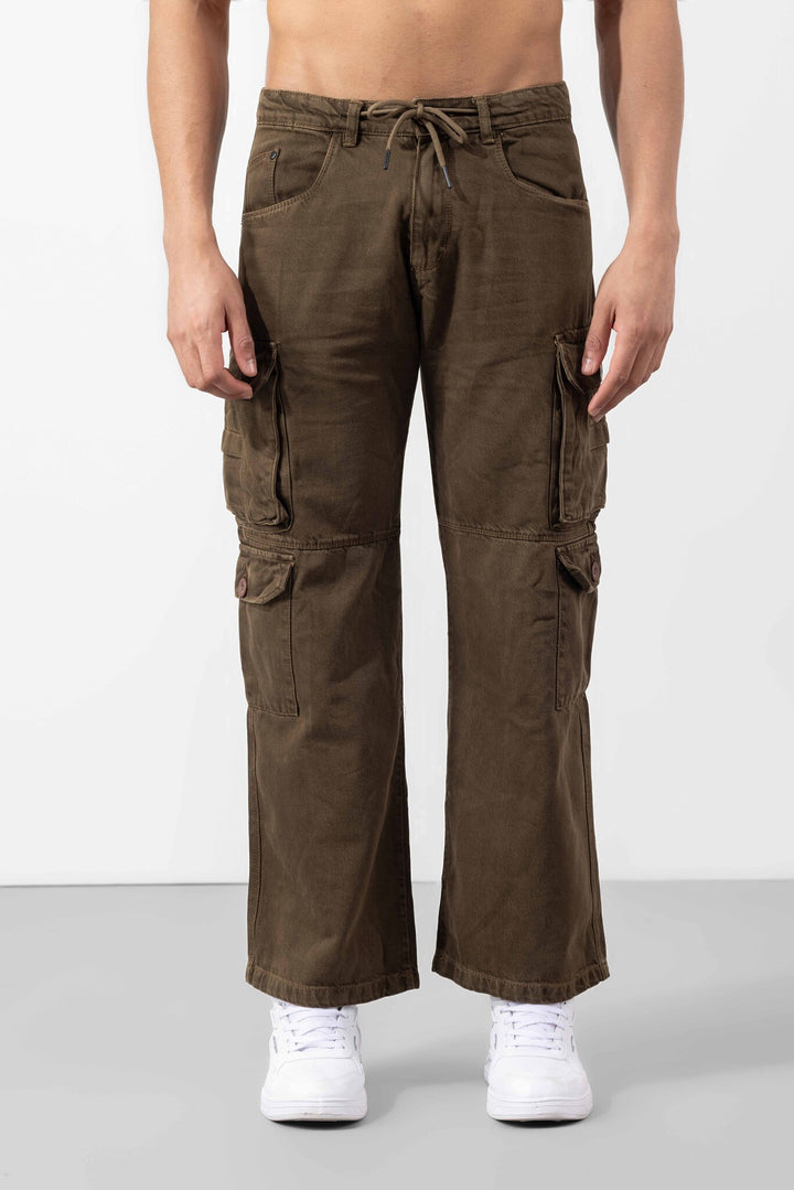 Brown Button Closure Multi Pocket Cargo Pant