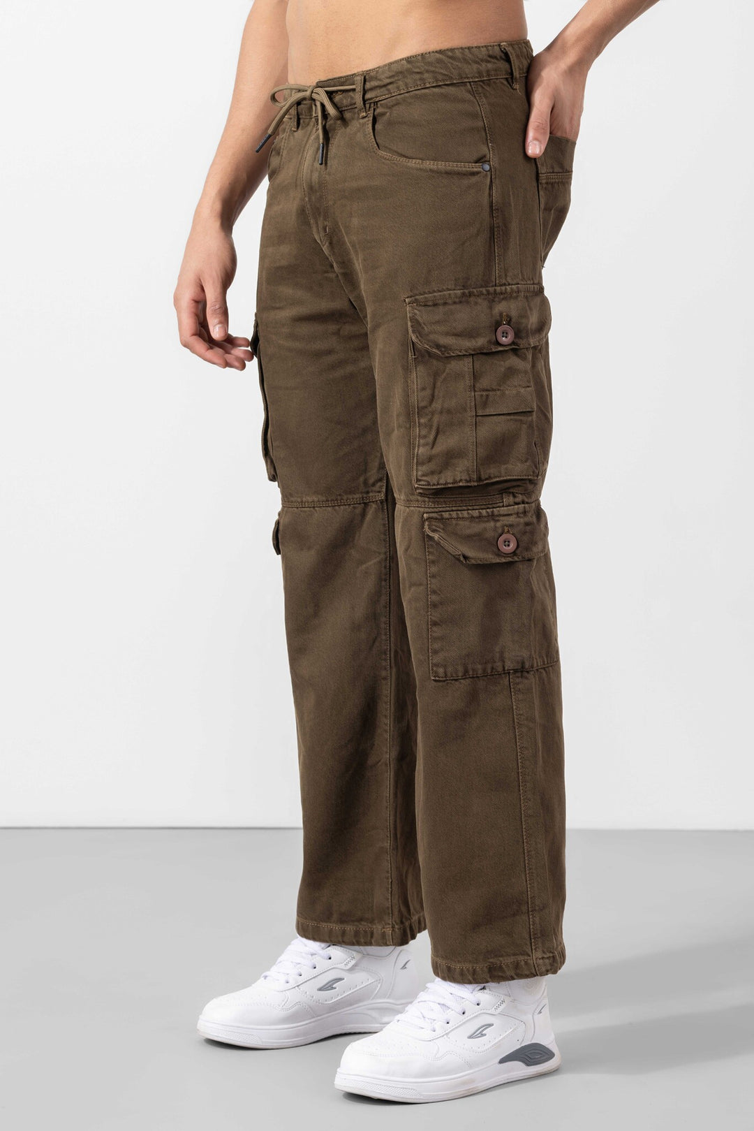 Brown Button Closure Multi Pocket Cargo Pant