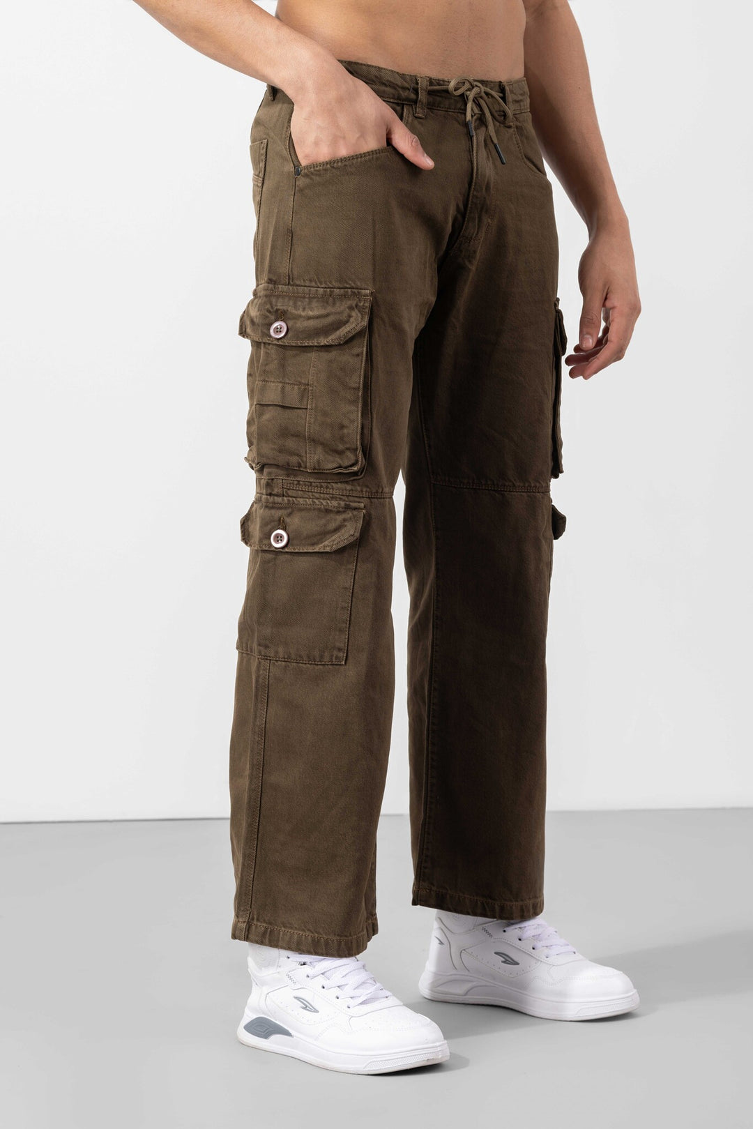 Brown Button Closure Multi Pocket Cargo Pant