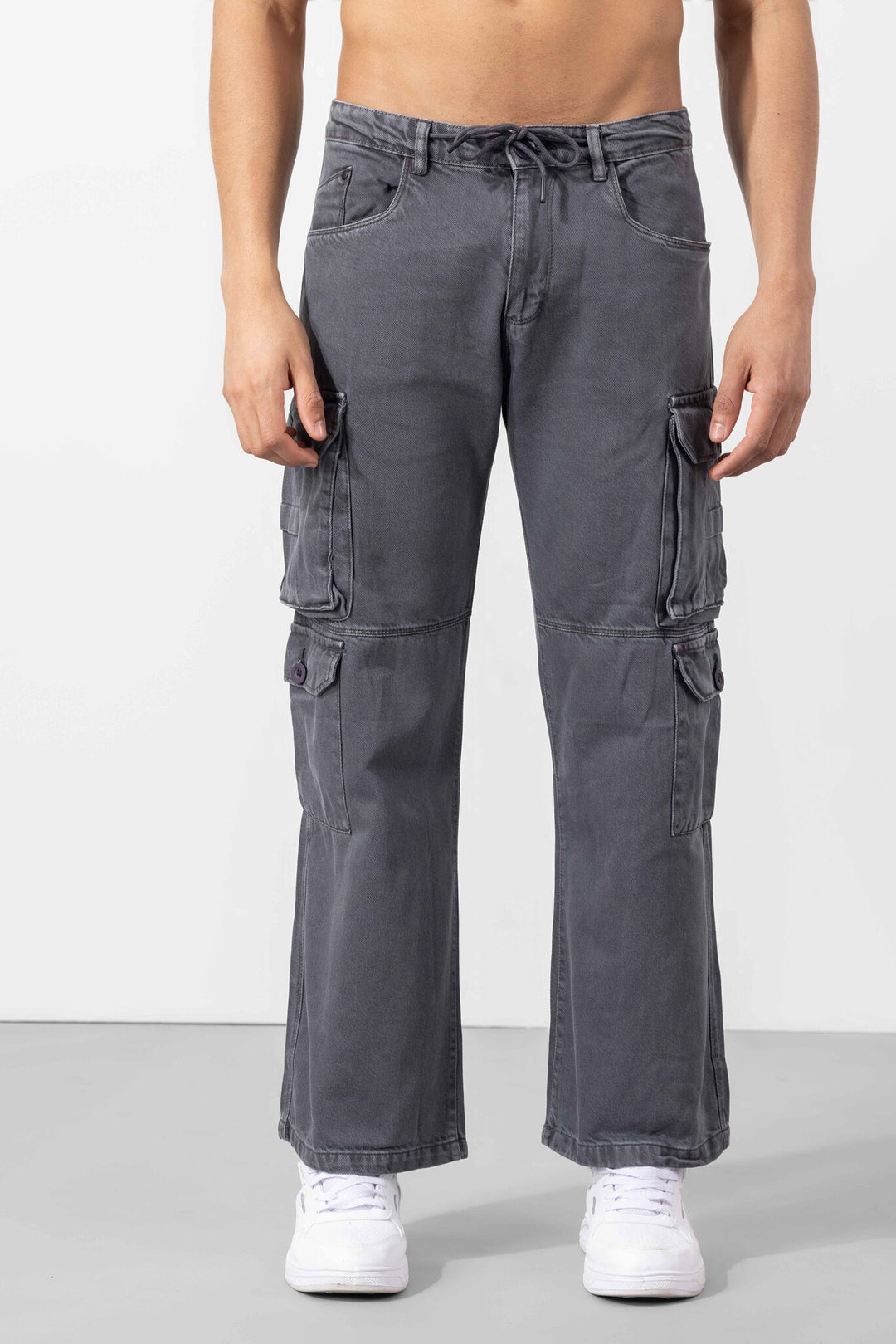 Steel Grey Button Closure Multi Pocket Cargo Pant