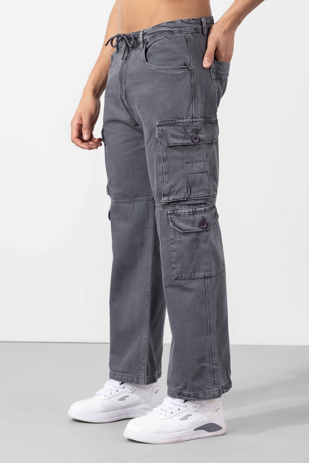Steel Grey Button Closure Multi Pocket Cargo Pant