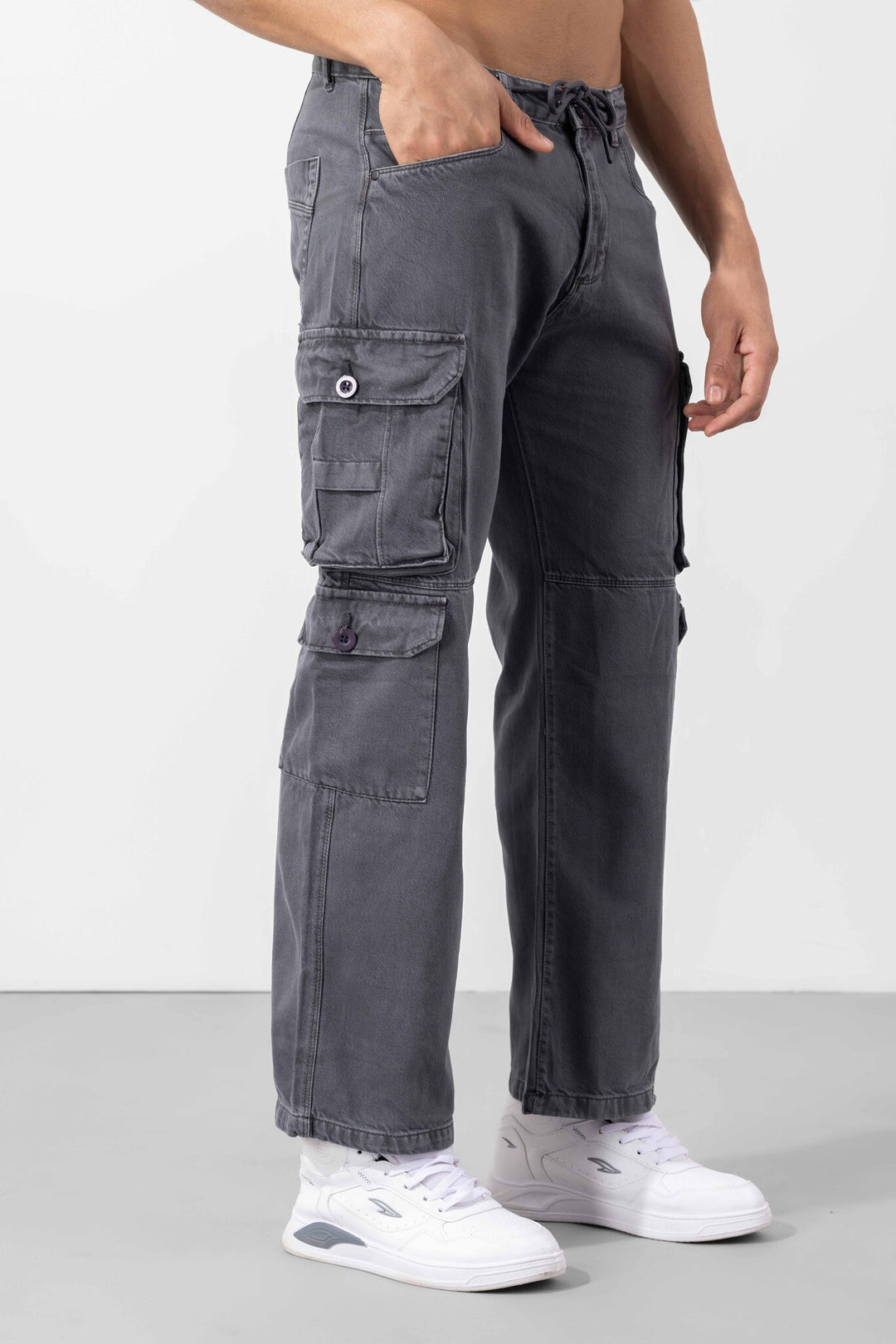Steel Grey Button Closure Multi Pocket Cargo Pant