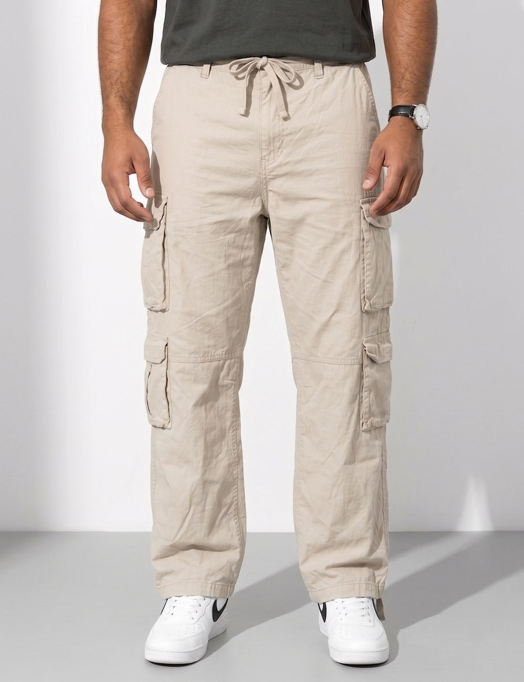 Cream Men Elasticated Waist Drawstring Closure Cargo Pant