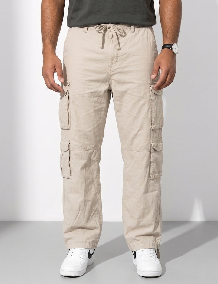 Cream Men Elasticated Waist Drawstring Closure Cargo Pant