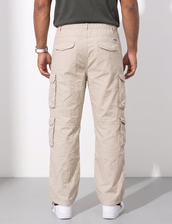 Cream Men Elasticated Waist Drawstring Closure Cargo Pant