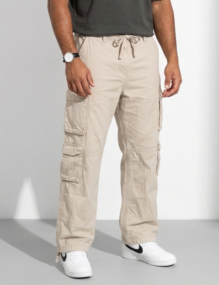 Cream Men Elasticated Waist Drawstring Closure Cargo Pant