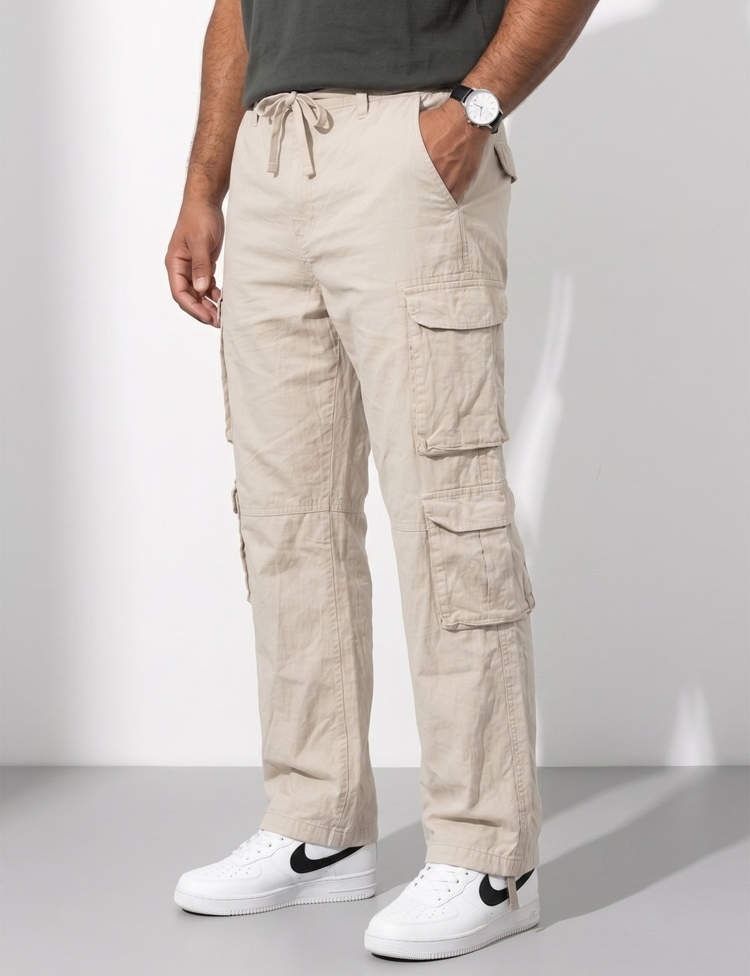 Cream Men Elasticated Waist Drawstring Closure Cargo Pant