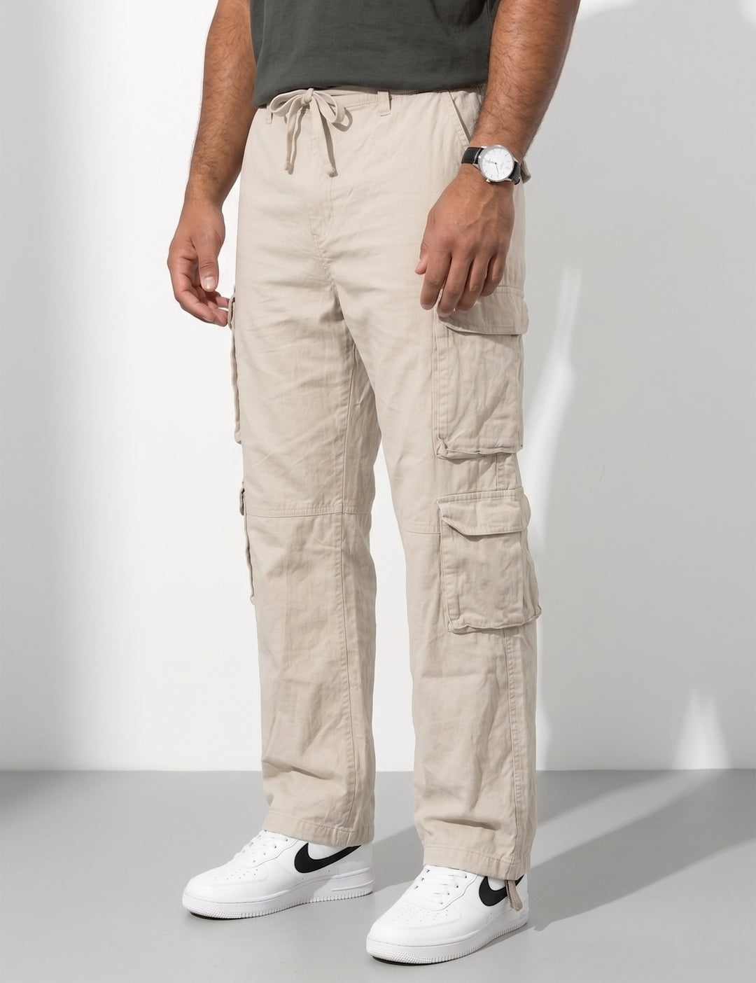 Cream Men Elasticated Waist Drawstring Closure Cargo Pant
