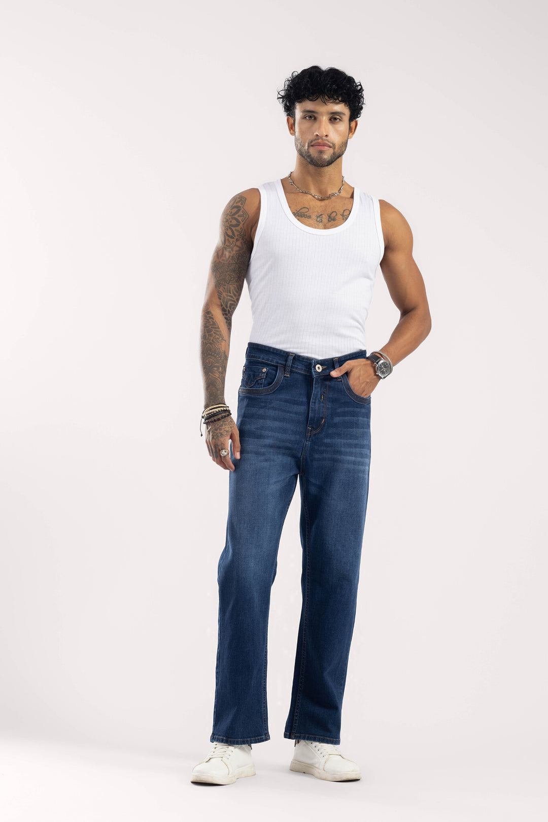 Dark Blue Relaxed Fit Washed Denim