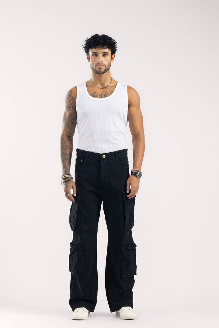 Black Wide Leg Cargo Denim