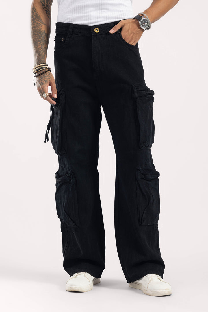 Black Wide Leg Cargo Denim