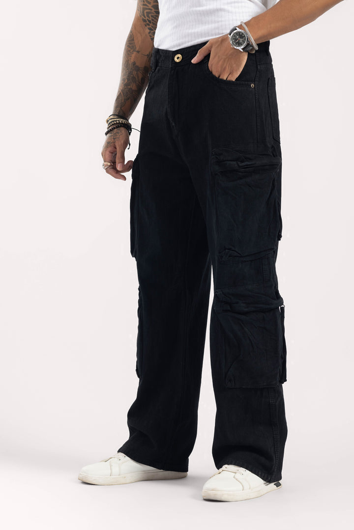 Black Wide Leg Cargo Denim