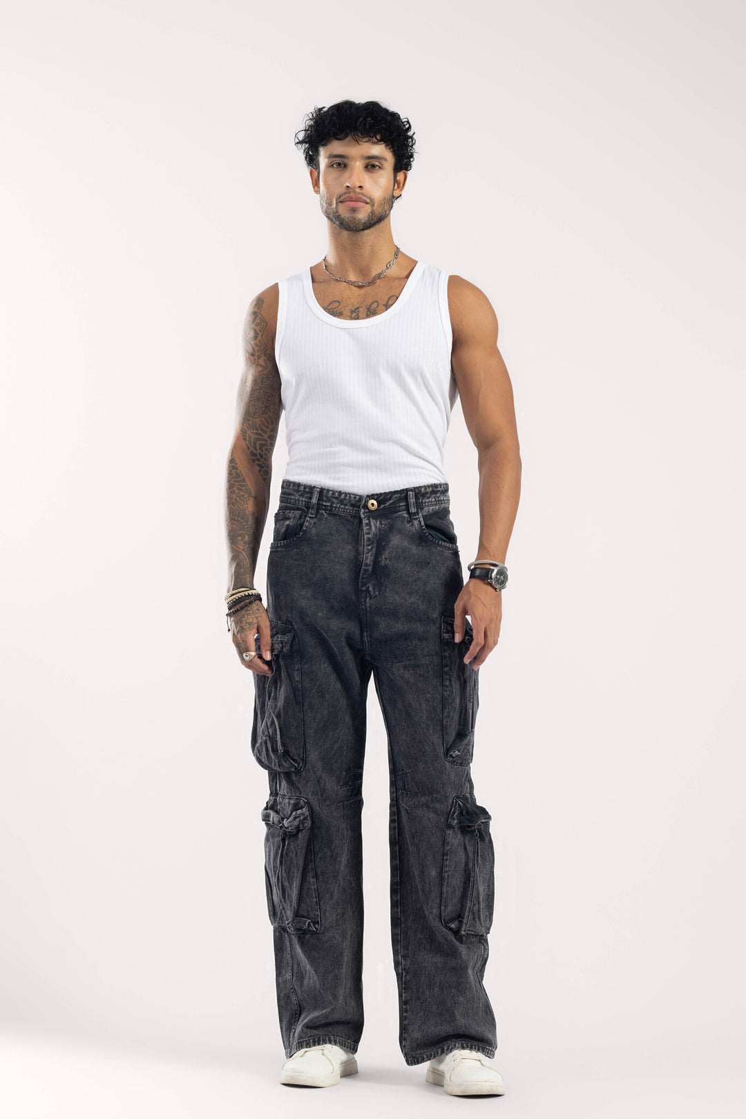 Charcoal Washed Multi-Pocket Cargo Denim
