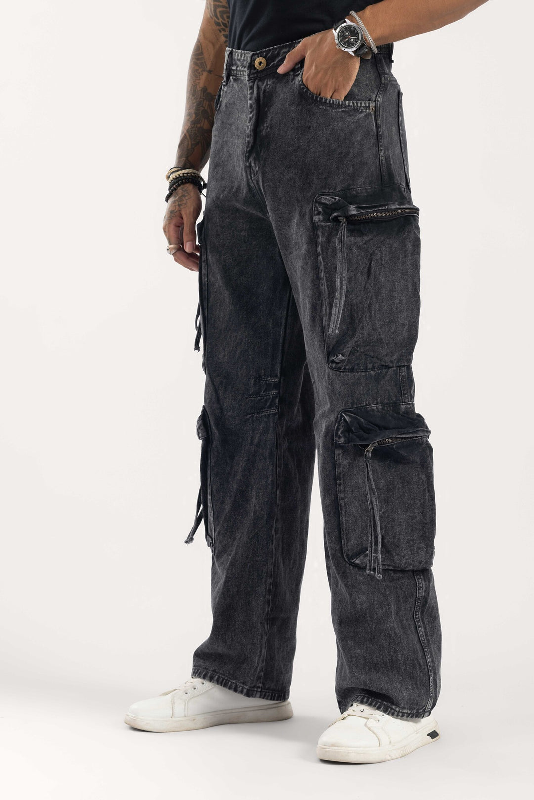Charcoal Washed Multi-Pocket Cargo Denim