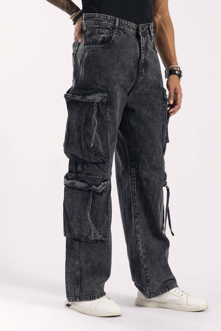 Charcoal Washed Multi-Pocket Cargo Denim