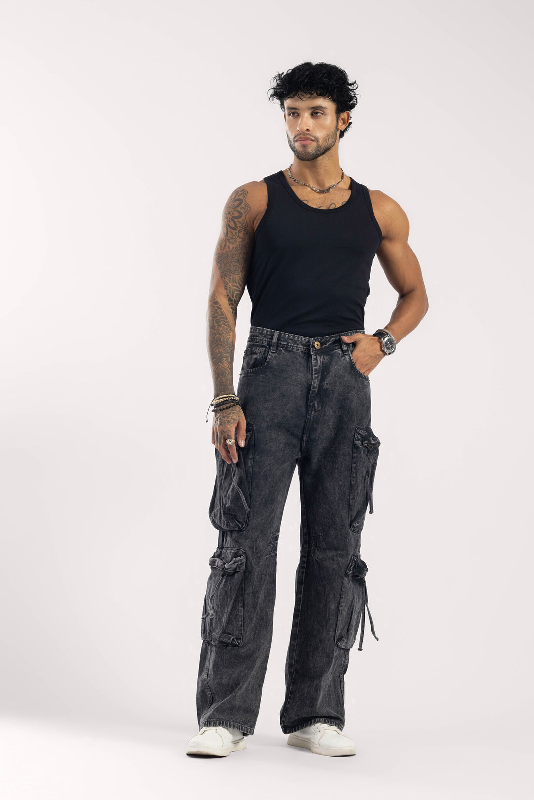 Charcoal Washed Multi-Pocket Cargo Denim