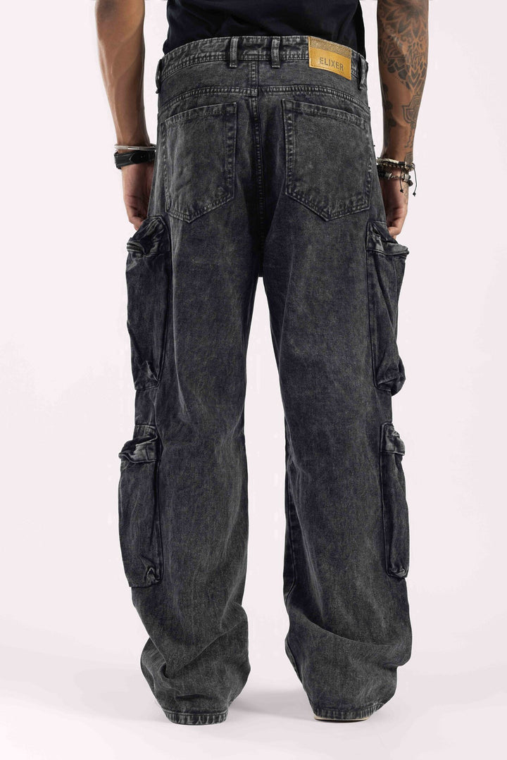 Charcoal Washed Multi-Pocket Cargo Denim