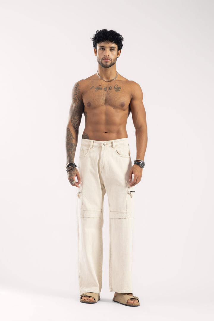 Cream Wide Leg Cargo Denim