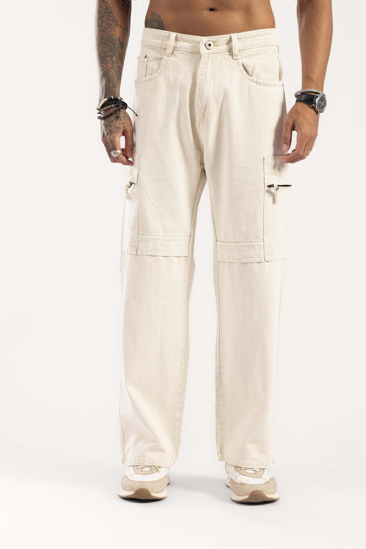 Cream Wide Leg Cargo Denim