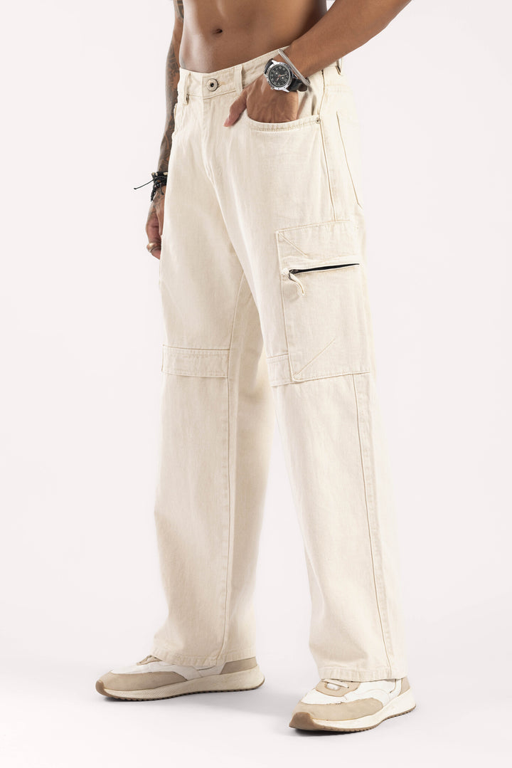 Cream Wide Leg Cargo Denim