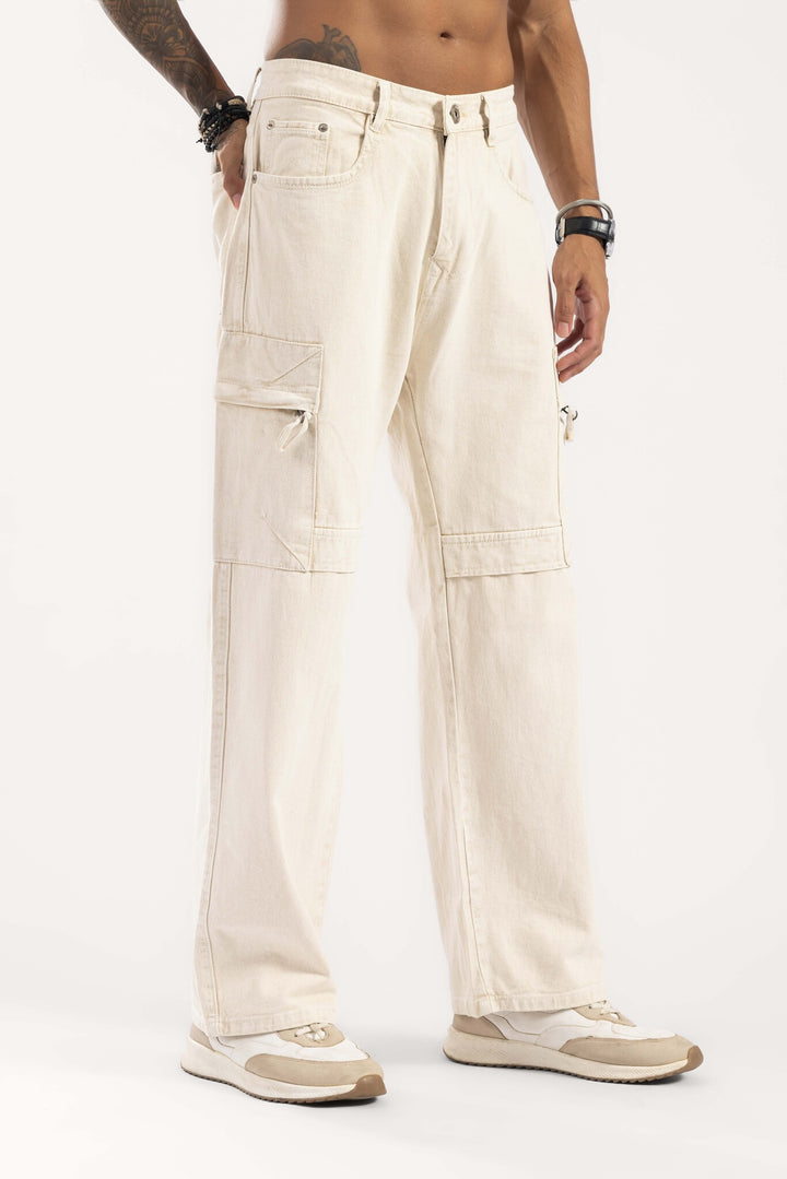 Cream Wide Leg Cargo Denim
