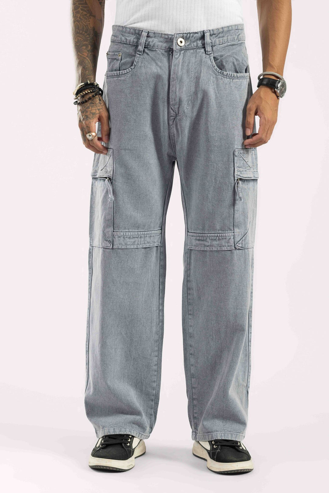 Light Grey Washed Wide Leg Cargo Denim