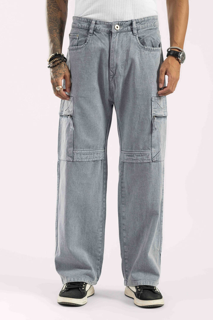 Light Grey Washed Wide Leg Cargo Denim