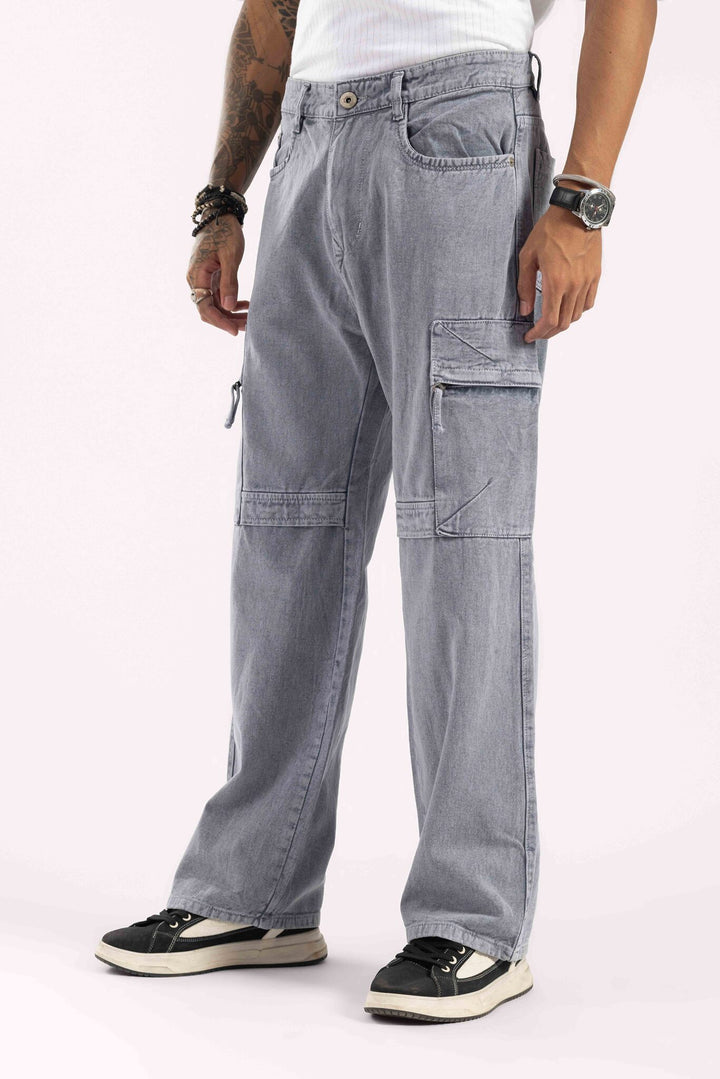 Light Grey Washed Wide Leg Cargo Denim