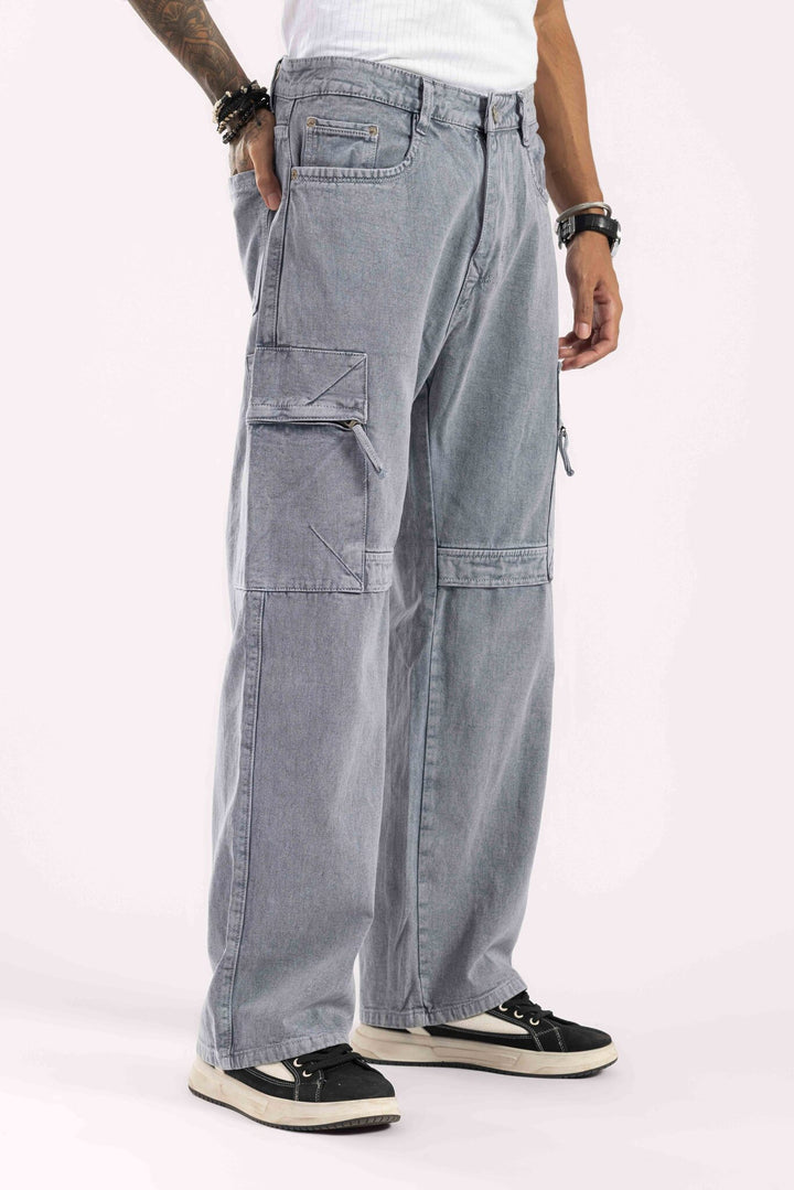 Light Grey Washed Wide Leg Cargo Denim