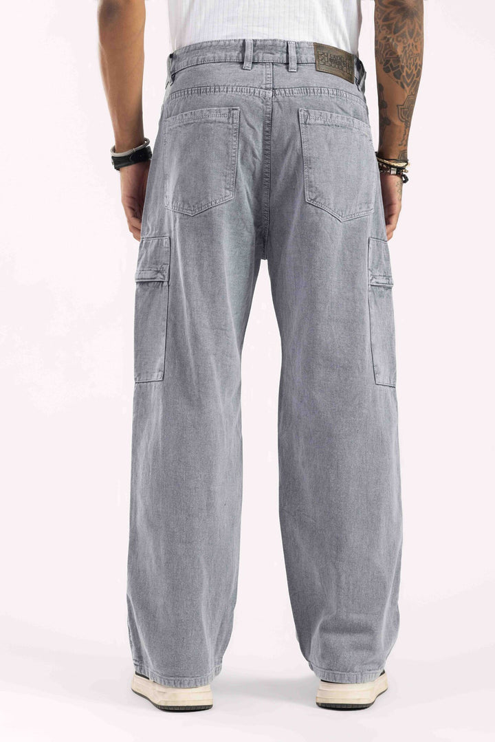 Light Grey Washed Wide Leg Cargo Denim