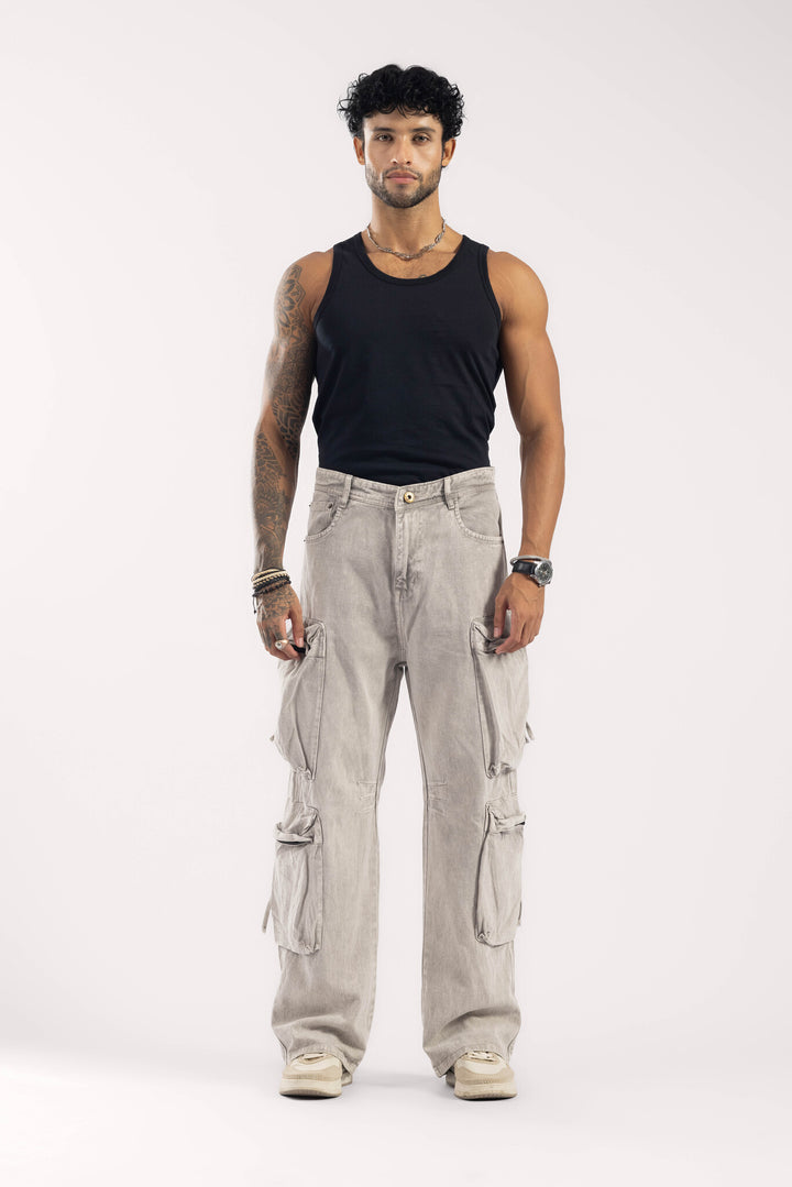 Light Grey Washed Multi-Pocket Cargo Denim