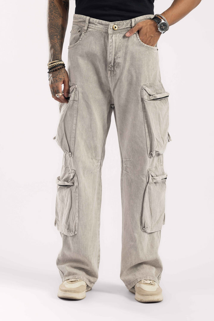 Light Grey Washed Multi-Pocket Cargo Denim