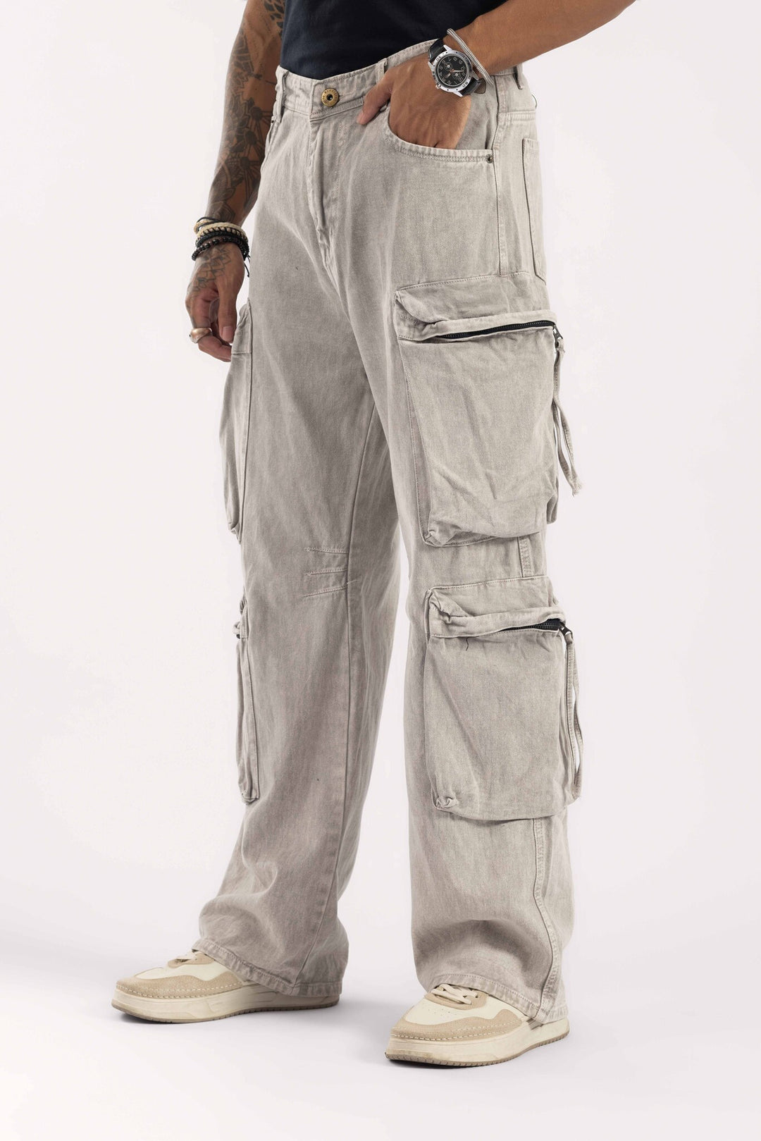 Light Grey Washed Multi-Pocket Cargo Denim