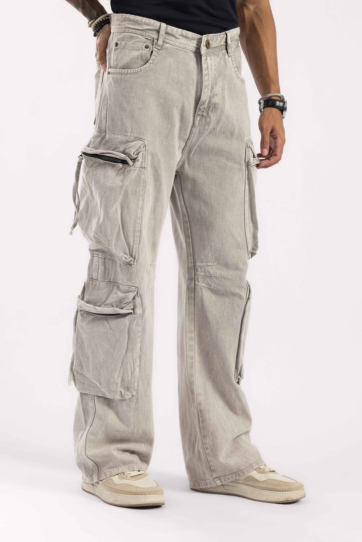 Light Grey Washed Multi-Pocket Cargo Denim