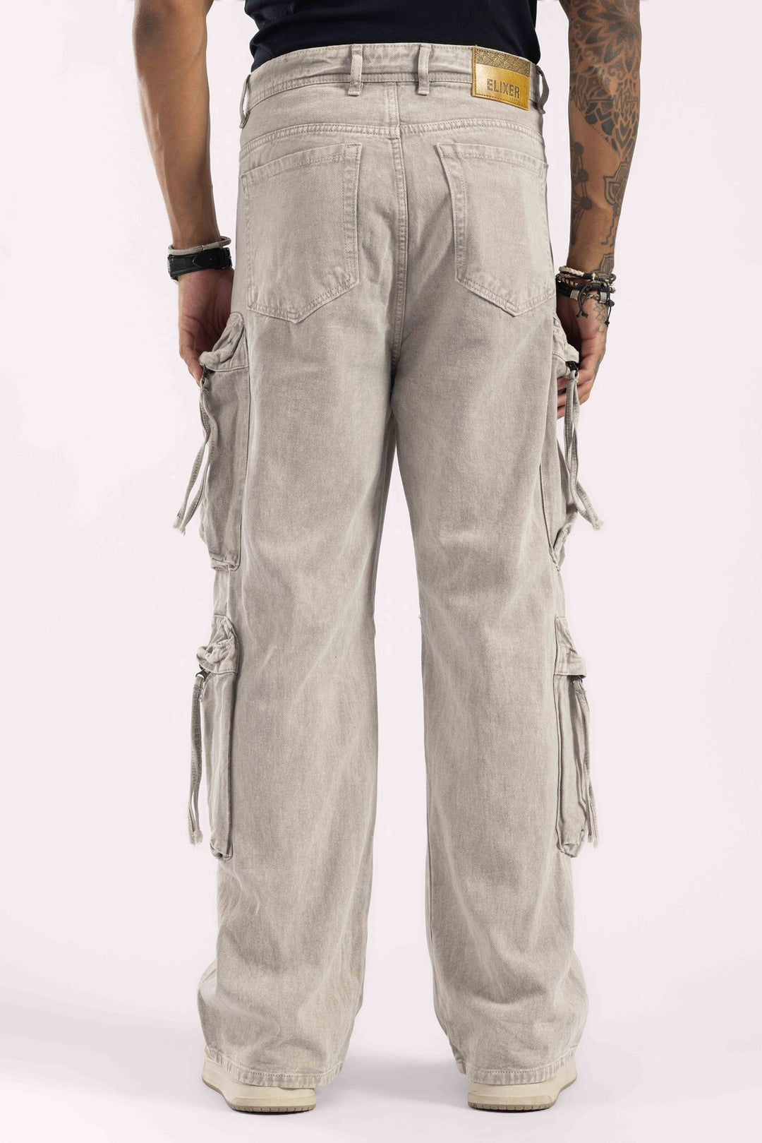 Light Grey Washed Multi-Pocket Cargo Denim