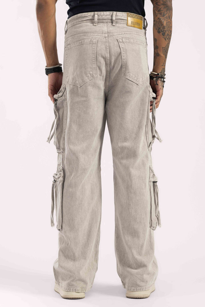 Light Grey Washed Multi-Pocket Cargo Denim