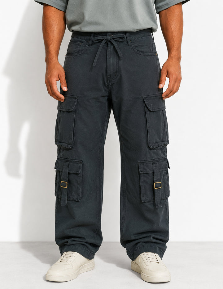 Black Multi Pocket Button Closure Cargo Denim