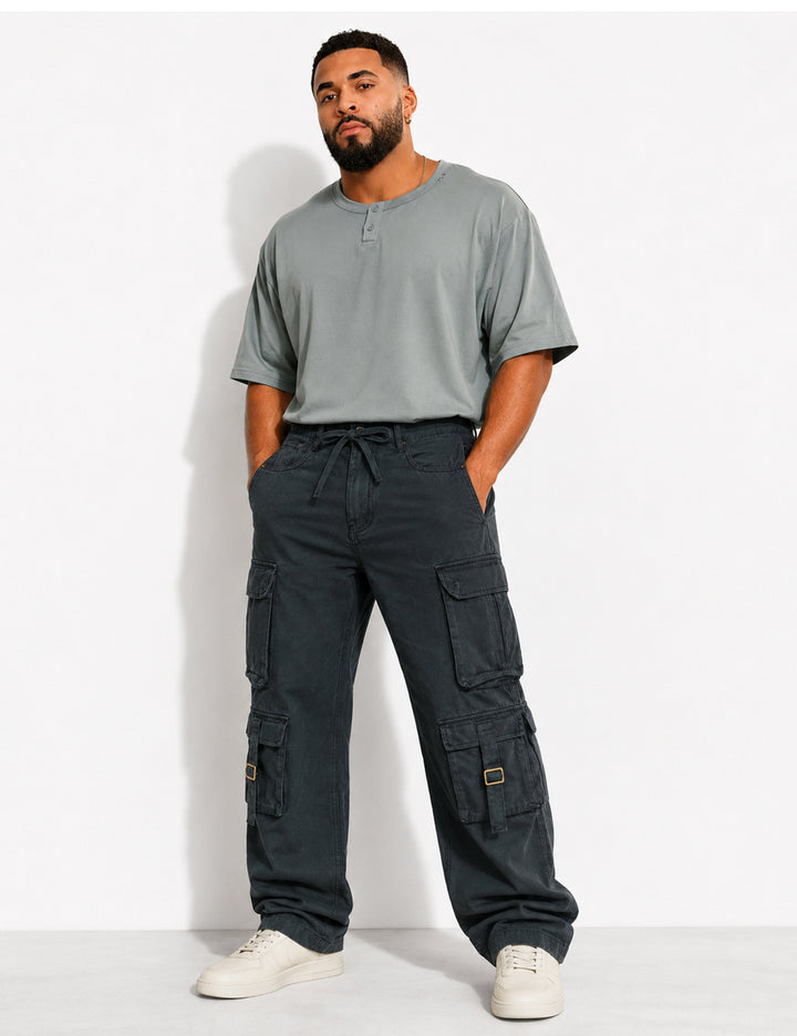 Black Multi Pocket Button Closure Cargo Denim