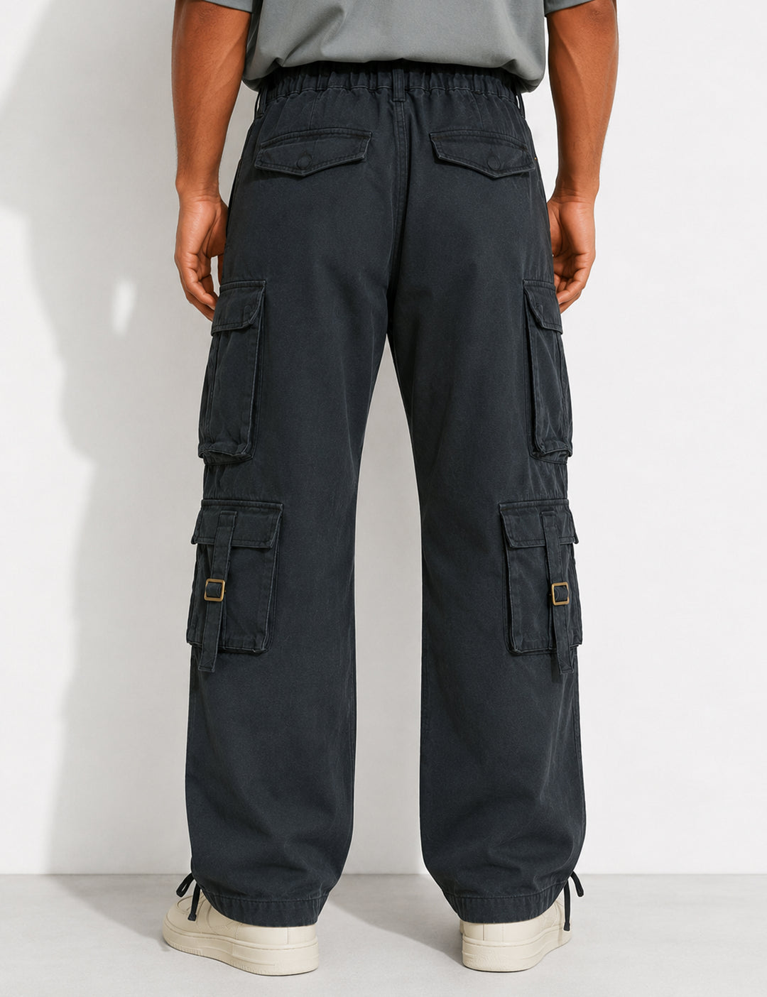 Black Multi Pocket Button Closure Cargo Denim