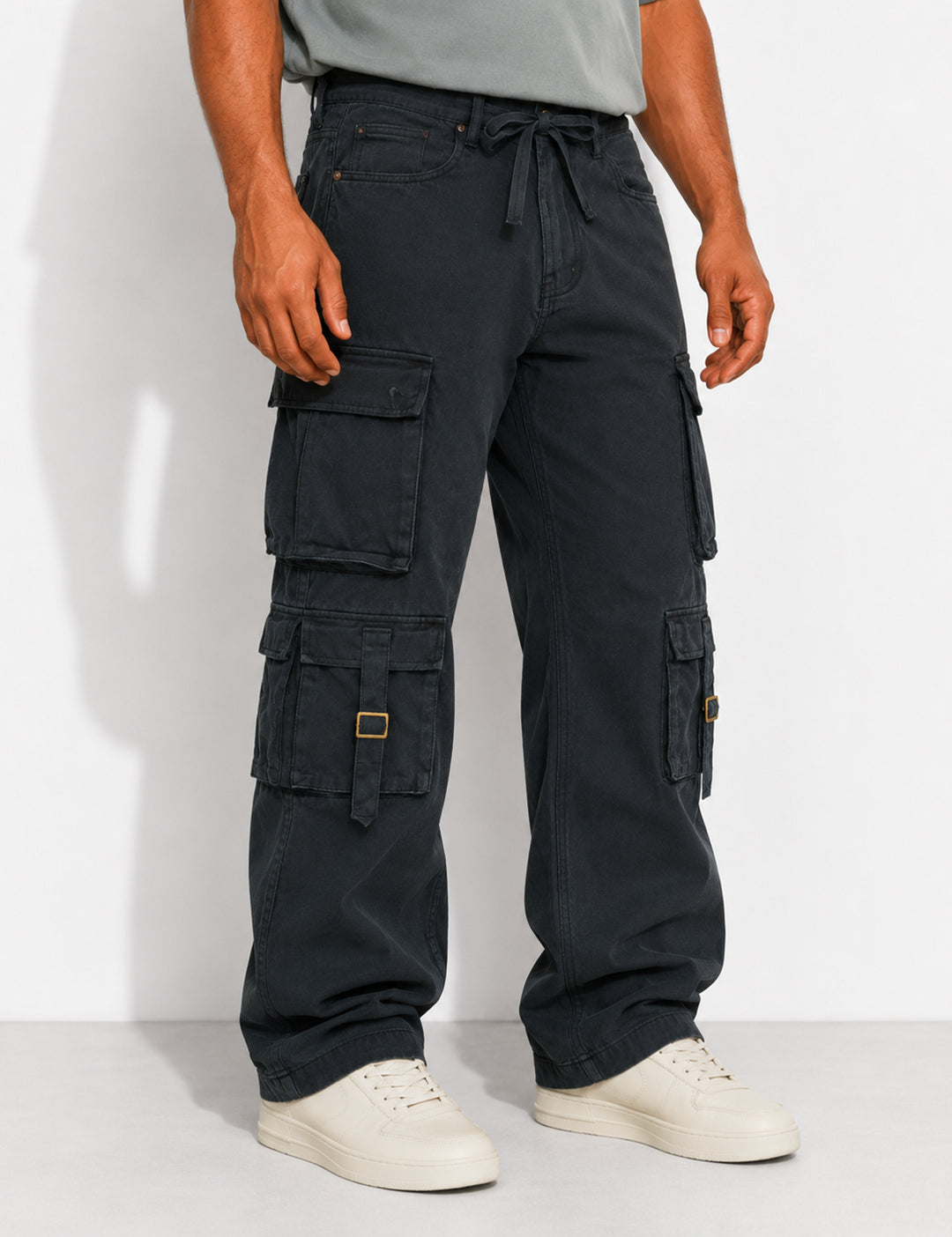 Black Multi Pocket Button Closure Cargo Denim